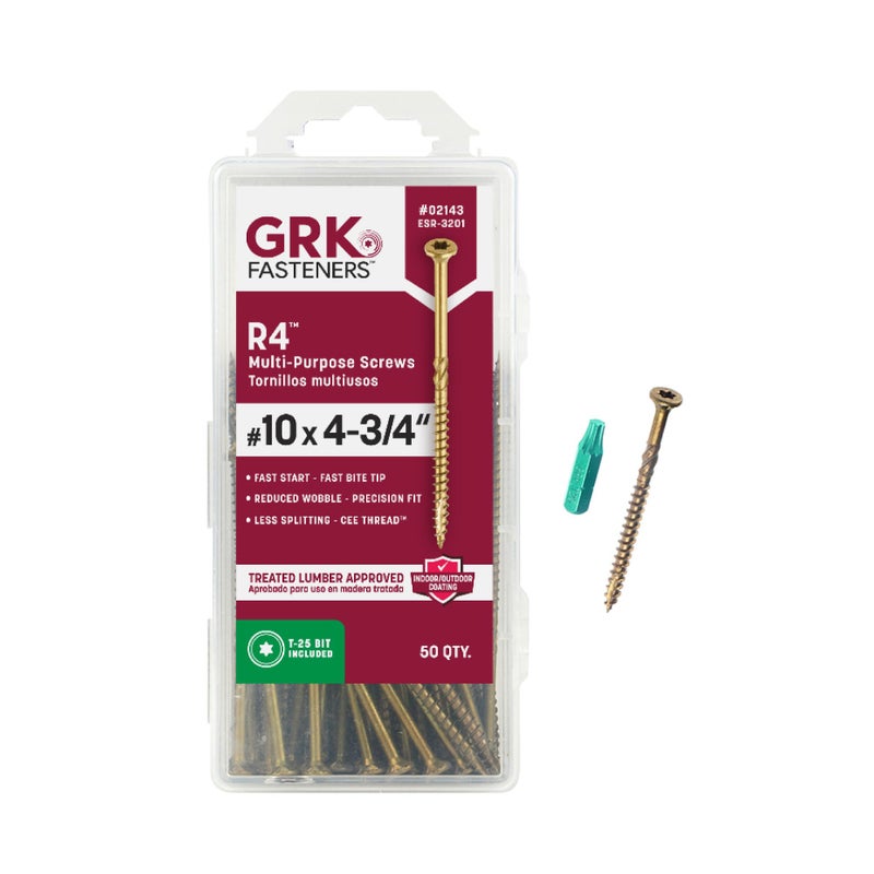GRK Fasteners R4â„¢ #10 x 4-3/4 Inch, Multi-Purpose Framing Screws, 50 PCS, Rust Resistant Climatekâ„¢ Coating, Outdoor Fencing and Deck Screws, Fast Bite Tip, Star Drive Recess, T-25 Bit Included, Gold - Image 1